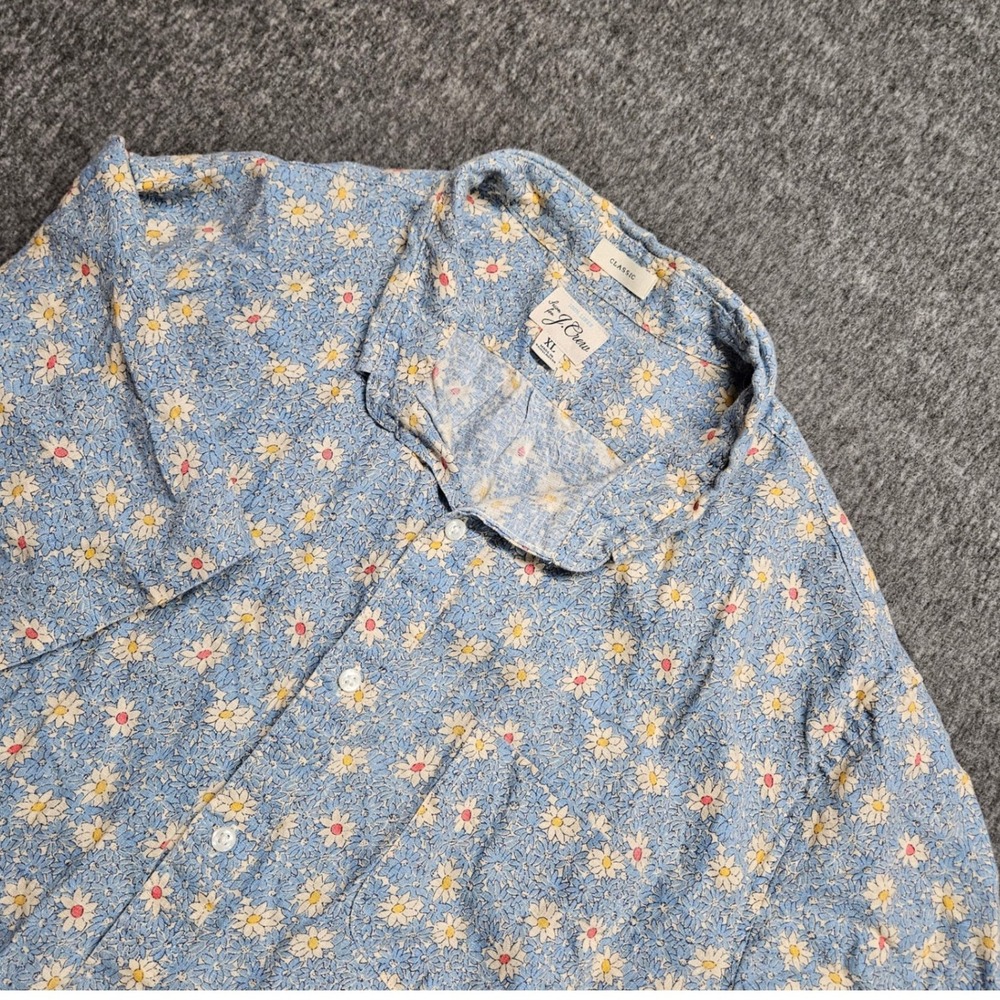 J.Crew Mens XL Blue Daisy Floral 100% Linen Short Sleeve Button Down Shirt BE385